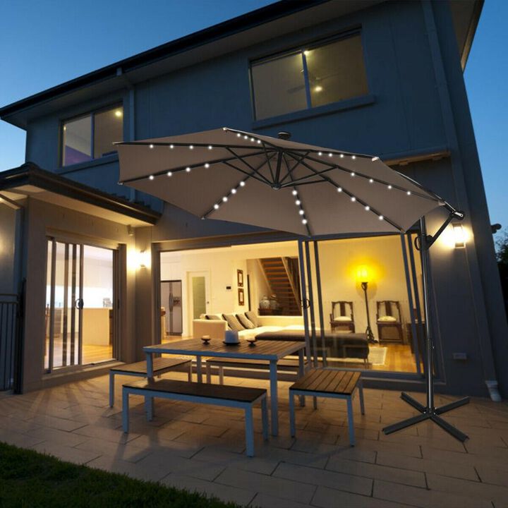 10 ft 360° Rotation Solar Powered LED Patio Offset Umbrella without Weight Base