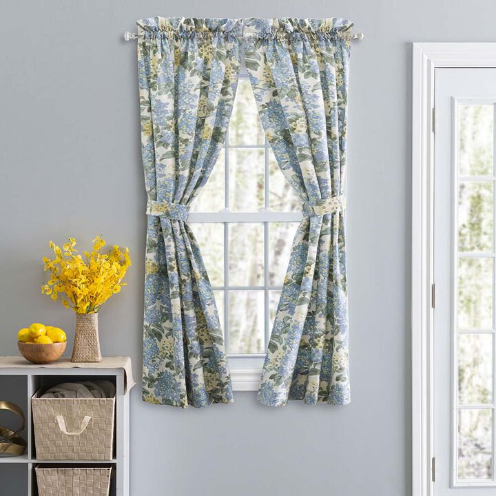 Ellis Hydrangea Classic Pattern Printed 1.5" Rod Pocket Window Tailored Pair with Ties 68"x63" Blue