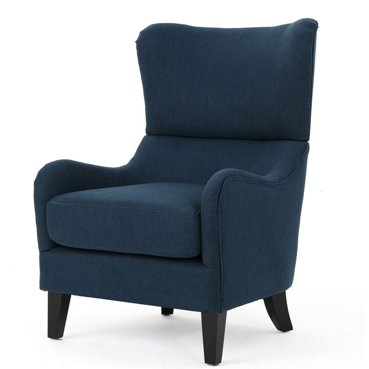 Dane Accent Club Chair, Navy Blue Fabric, Wingback, Box Seat, Scoop Arms