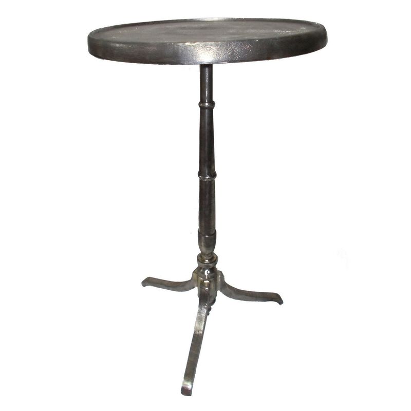 41 Inch Plant Stand Table, Round Top, Turned Base, Modern Silver Aluminium - Benzara