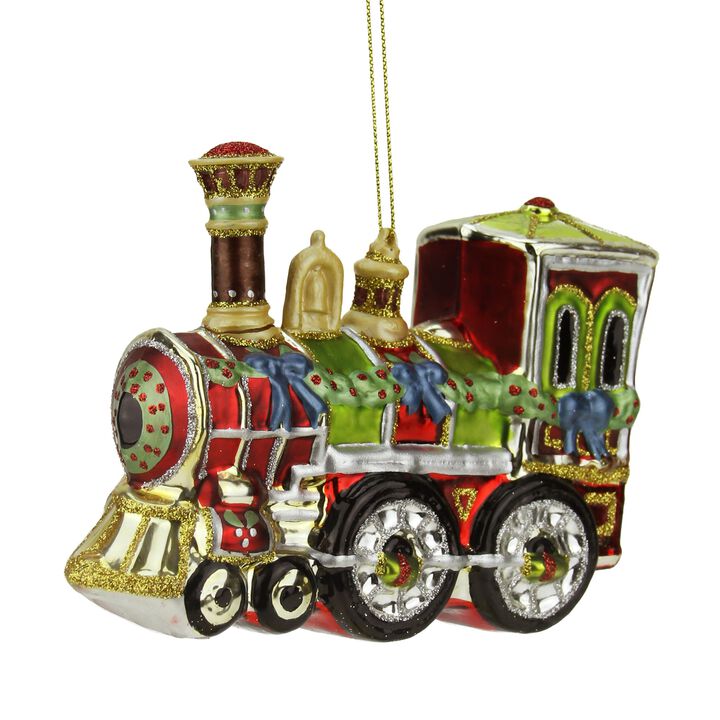 5.5" Red and Green Train Glittered Glass Christmas Ornament