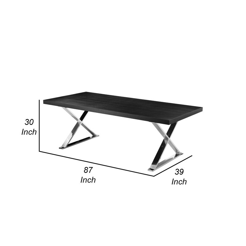Rix 87 Inch Dining Table, Black Wood Top, X Chrome Finished Steel Legs - Benzara