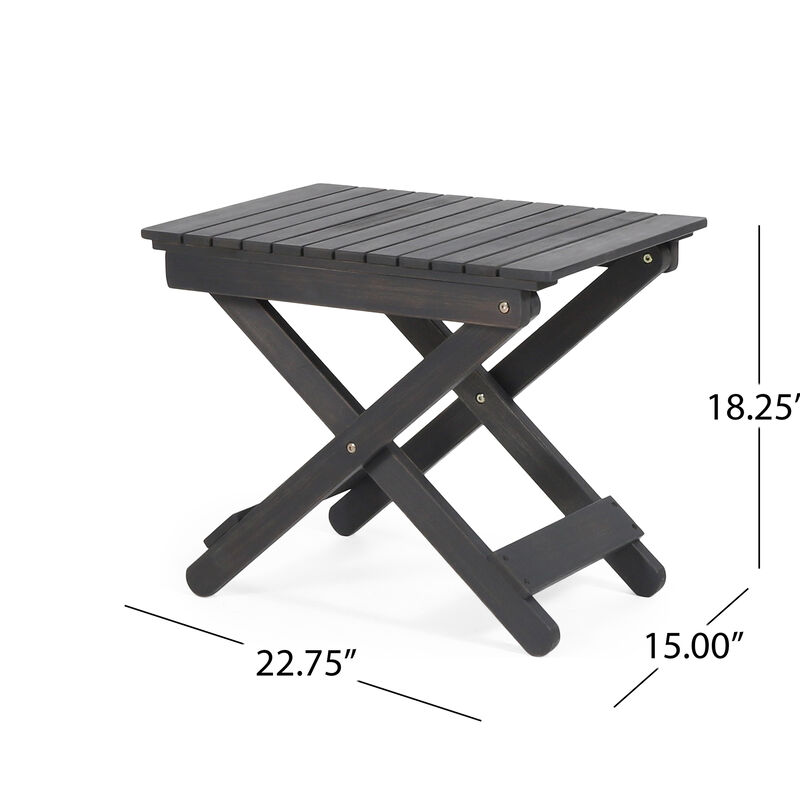 Kyre Outdoor Side Table, Foldable Slatted 23 Inch, Dark Gray Acacia Wood - Benzara