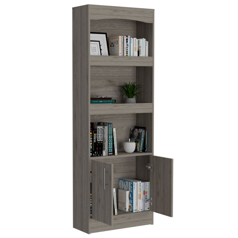 DEPOT E-SHOP Dozza Bookcase, Three Shelves, Double Door Cabinet, Metal Hardware, Light Gray