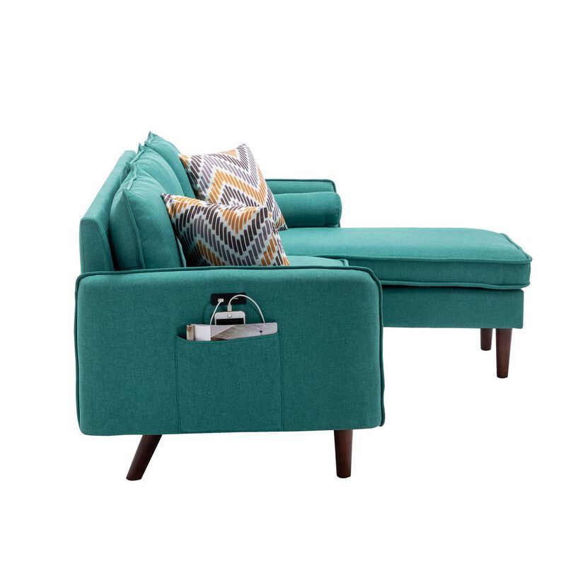 Ranon 70 Inch Sectional Chaise Sofa, Pillows, USB Ports, Side Pockets, Teal - Benzara