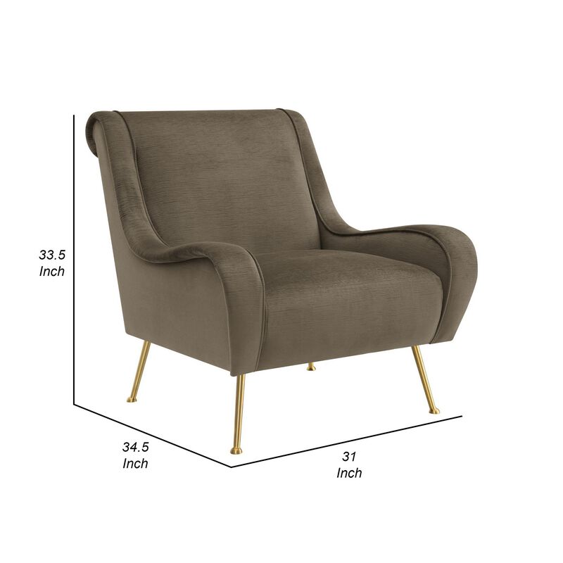 Rik 31 Inch Accent Armchair, Metal Legs, Velvet, Truffle Brown and Gold - Benzara