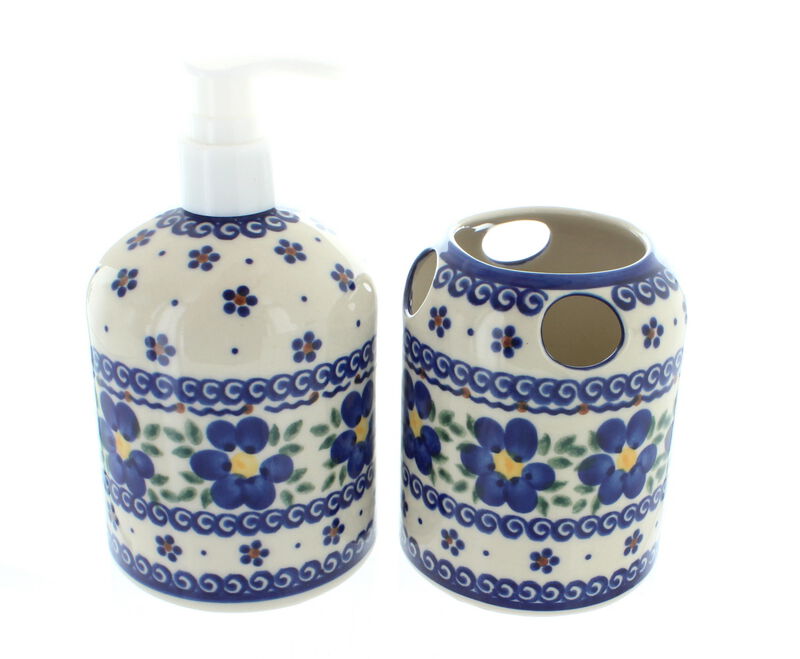 Blue Rose Polish Pottery Spring Blossom Soap Dispenser & Toothbrush Holder