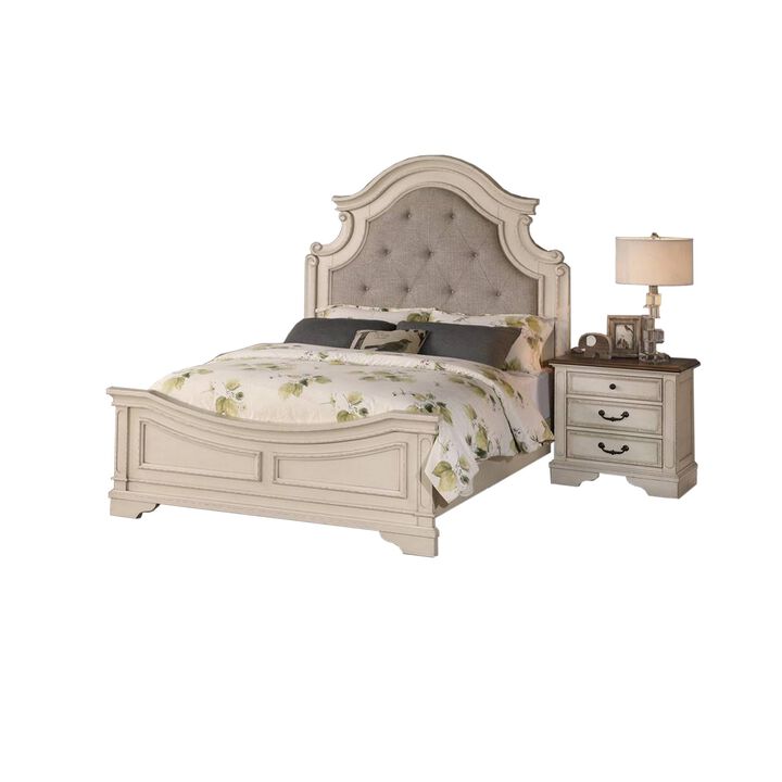 Lupe King Size Bed, Gray Upholstered Scalloped Frame, Antique White Finish - Benzara