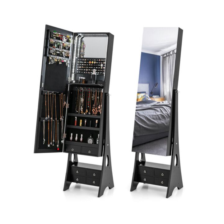 Hivvago Freestanding Full Length LED Mirrored Jewelry Armoire with 6 Drawers