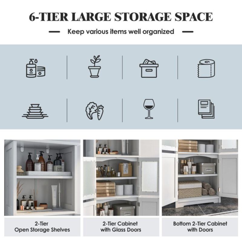 Hivvago 6-Tier Freestanding Bathroom Cabinet with 2 Open Compartments and Adjustable Shelves