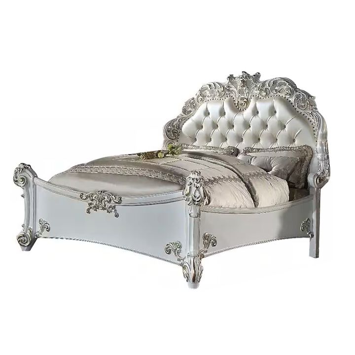 Antoine King Bed, Classical Style, White Faux Leather Victorian Carved - Benzara