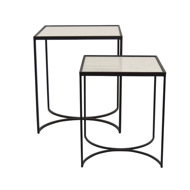 24 Inch Plant Stands Set of 2, White Marble Top, Minimalist Black Frame - Benzara