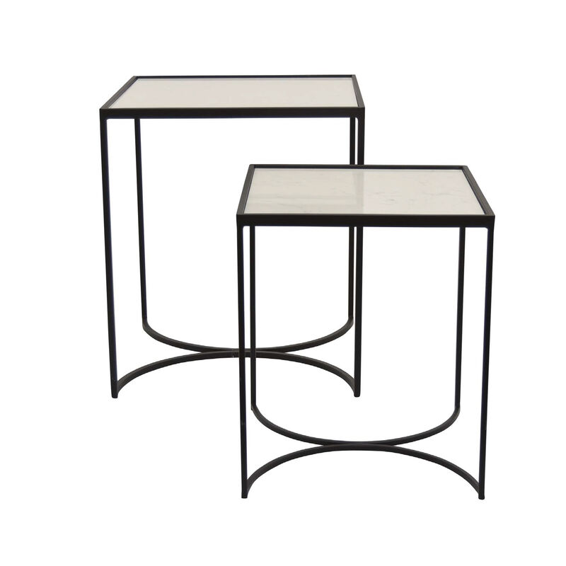 24 Inch Plant Stands Set of 2, White Marble Top, Minimalist Black Frame - Benzara