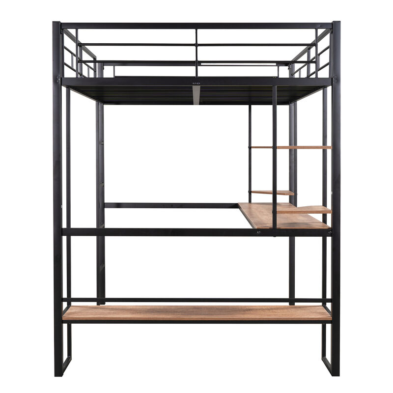Full Size Loft Metal MDF Bed With Long Desk And Shelves