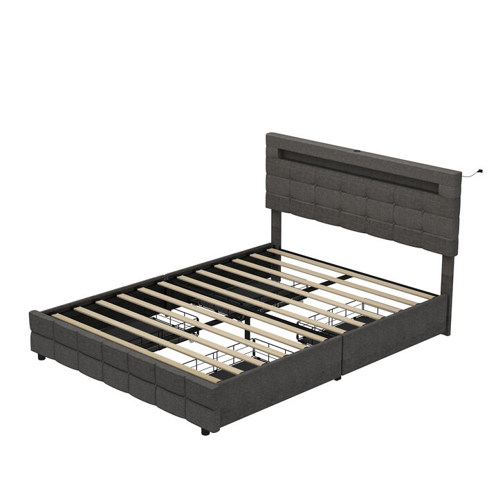 FUFU&GAGA Grey Upholstered Full-Size Bed Frame with Storage Drawers (65.4" W x 82.7" L x 42.1" H),Grey