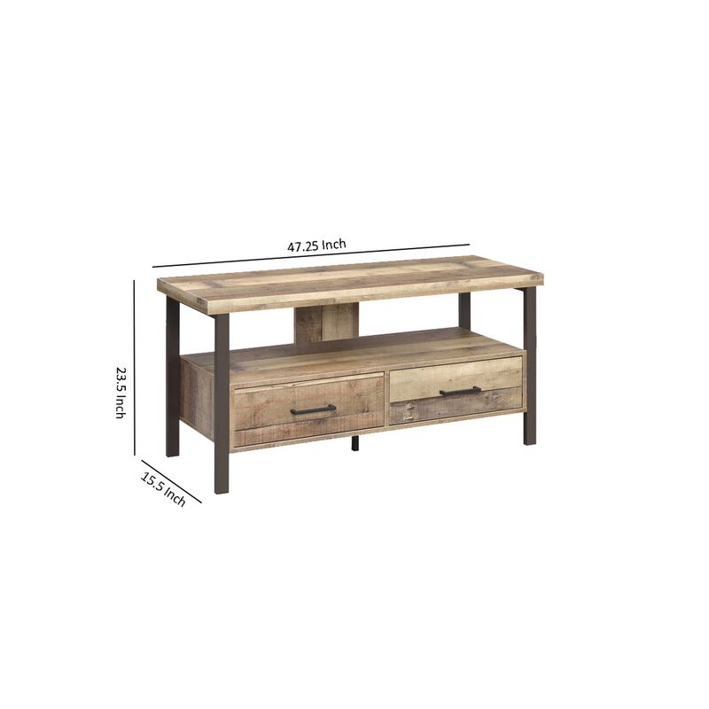 48 Inch Wooden TV Console with 2 Storage Drawers and Open Shelf, Brown - Benzara