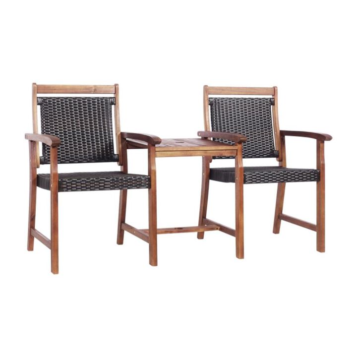 Hivvago 2-Seat Patio Rattan Acacia Wood Chair with Coffee Table