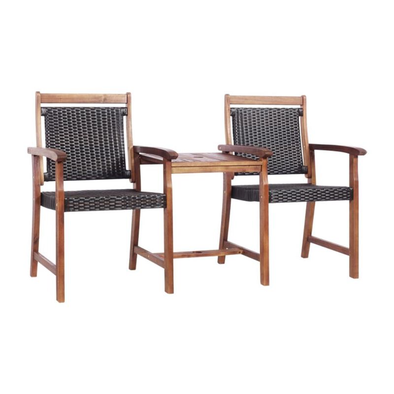 Hivvago 2-Seat Patio Rattan Acacia Wood Chair with Coffee Table
