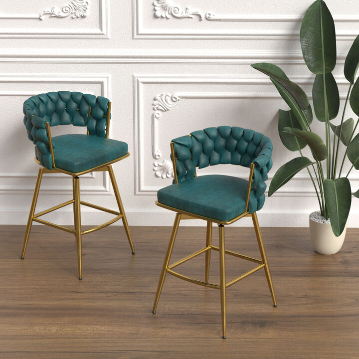 Blue Upholstered Bar Stools Set Of 2 With Swivel