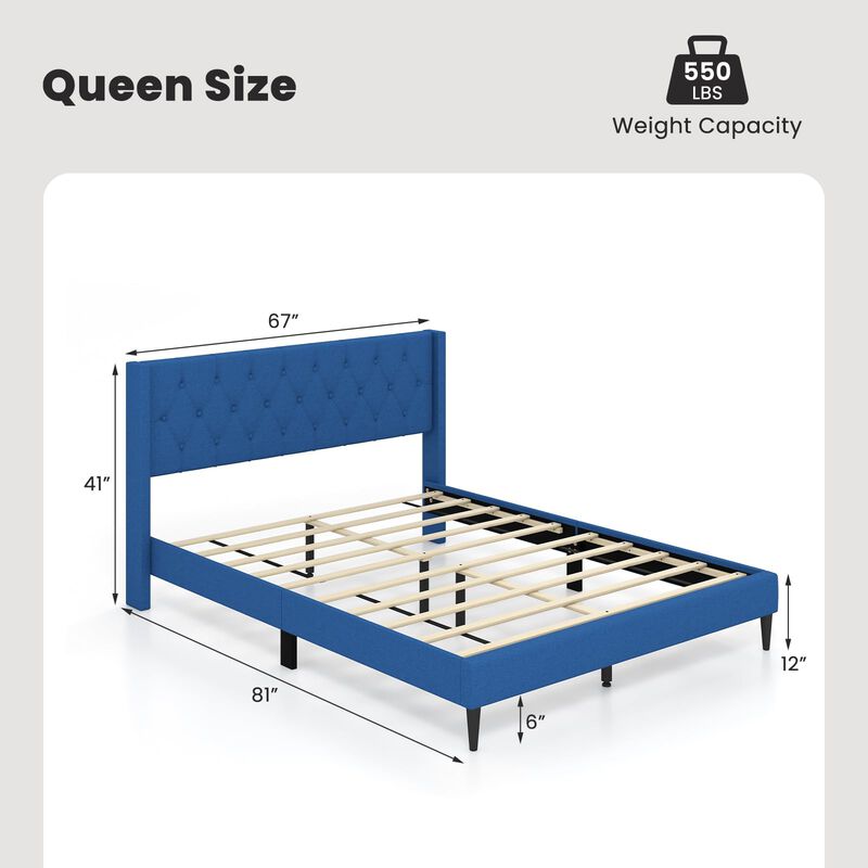 Queen Size Upholstered Platform Bed with Button Tufted Wingback Headboard-Blue