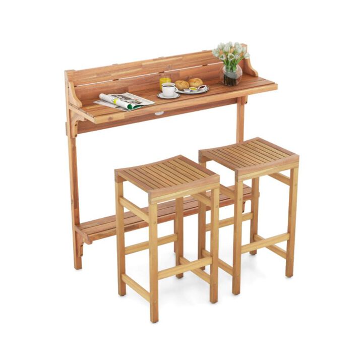 Hivvago 3 Pieces Patio Acacia Wood Bar Table Set with Footrest Curved Wood Seat
