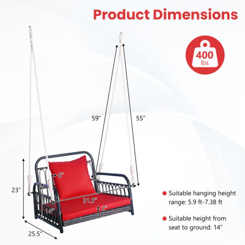 Hivvago Patio Rattan Porch Swing Hammock Chair with Seat Cushion-Red