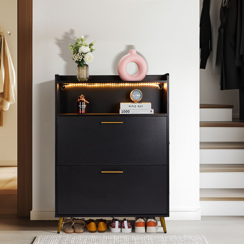 Shoe Storage Cabinet with Double Doors, 6-Tier Shelves & Built-in LED Lights for Entryway