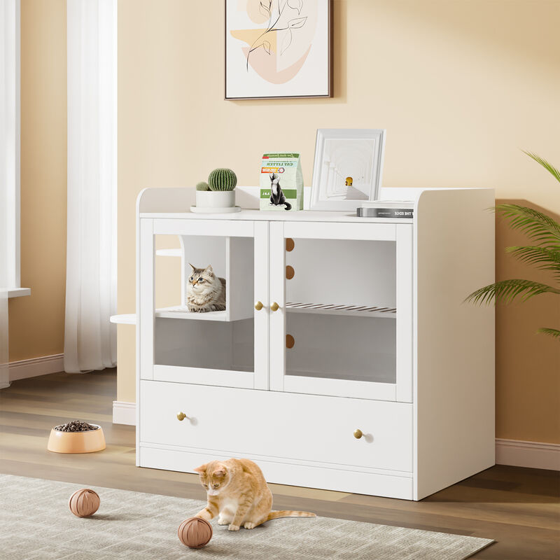 Extra Large Cat Litter Box Furniture Hidden, Cat Condo Pet House with Stairs, Cat Litter House for Living Room, White