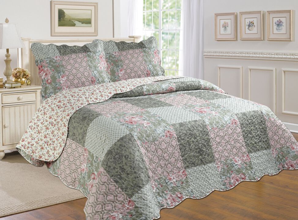 3-Piece Pink Cotton Blend Reversible Quilt Set