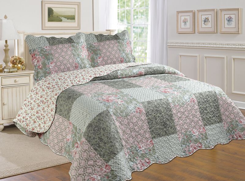 3-Piece Pink Cotton Blend Reversible Quilt Set