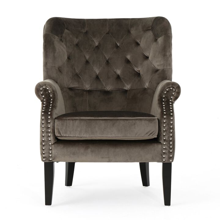 Nire Accent Club Chair, Nailhead Trim, Brown Birch Wood, Gray Velvet - Benzara