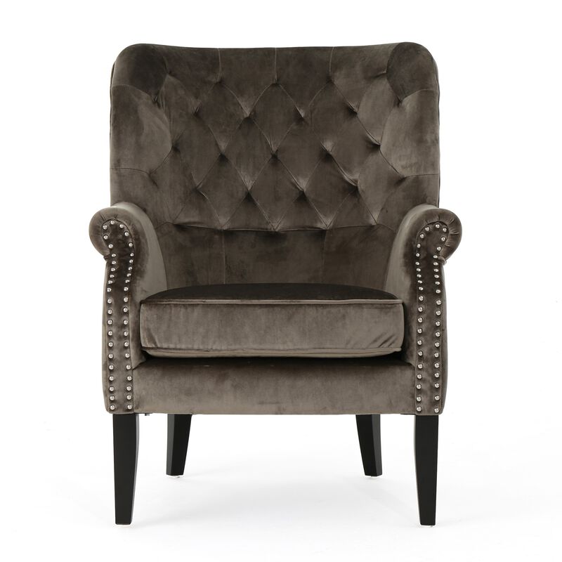 Nire Accent Club Chair, Nailhead Trim, Brown Birch Wood, Gray Velvet - Benzara