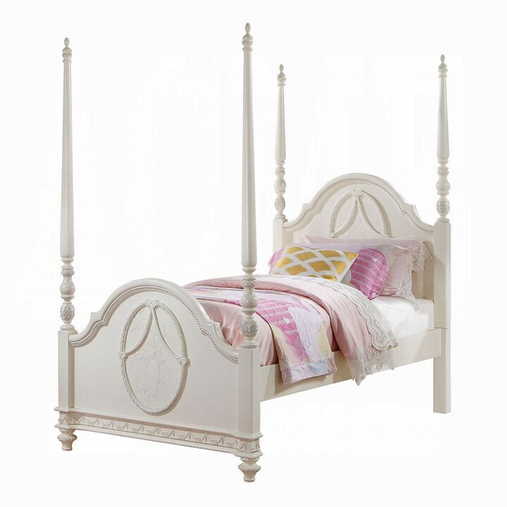 Dorie Full Size Poster Bed, Embossed Floral and Oval Molding, Ivory  - Benzara