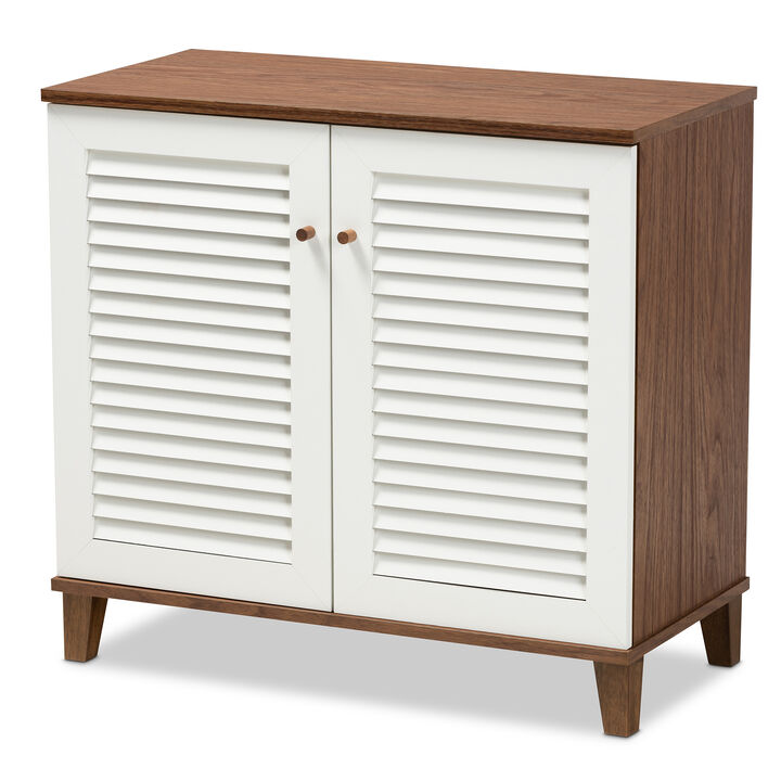 Baxton Studio Coolidge Modern White and Walnut Finished 4 Shelf Wood Shoe Storage Cabinet