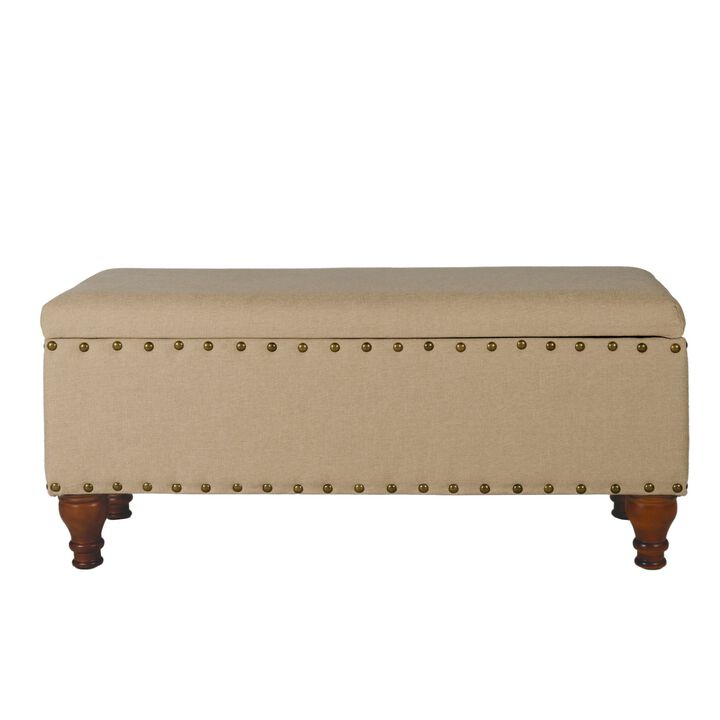 Fabric Upholstered Wooden Storage Bench With Nail head Trim, Large, Tan Brown - Benzara