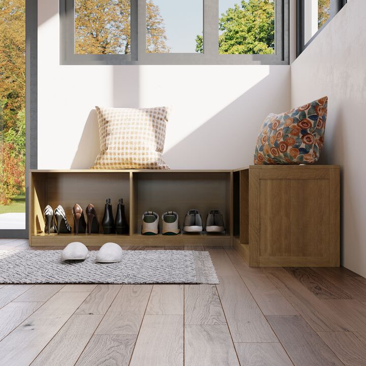 FUFU&GAGA Corner Bench Shoe Cabinet with 4Storage Compartments, P2 MDF, Natural Wood Finish (63" W x 47.2" D x 17.7" H), Light Oak