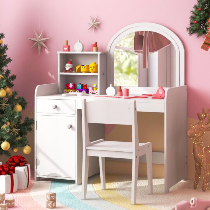 Hivvago Kids Vanity Table and Chair Set with Shelves Drawer and Cabinet-White