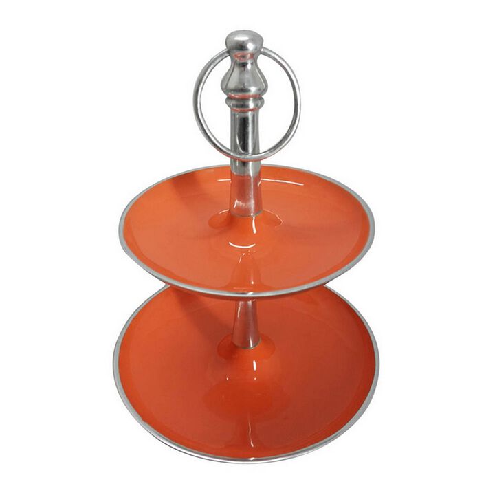 Lio 12 Inch 2 Tier Serving Tray, Orange Round Plate, Silver Aluminum Finish - Benzara