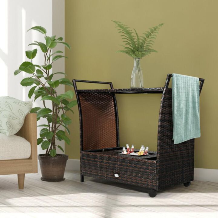 Hivvago Patio Rattan Bar Serving Cart with Glass Top and Handle