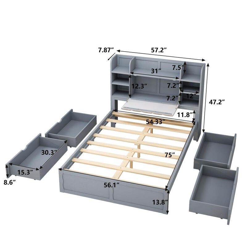 Full Size Bed Frame with Storage, Grey