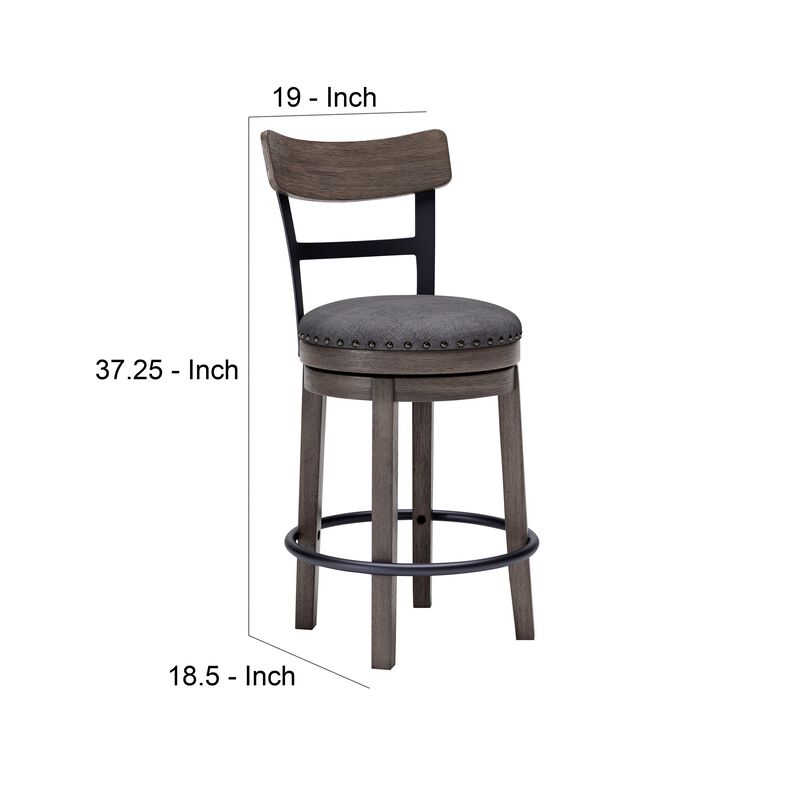 Swivel Barstool with Nailhead Trim and Curved Panel Back, Gray-Benzara
