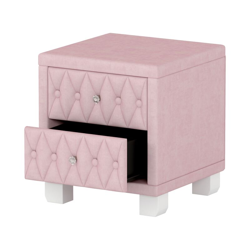 Elegant Velvet Nightstand with 2 Drawers and Crystal Handle, Storage Bedside Table with Button-Tufted
