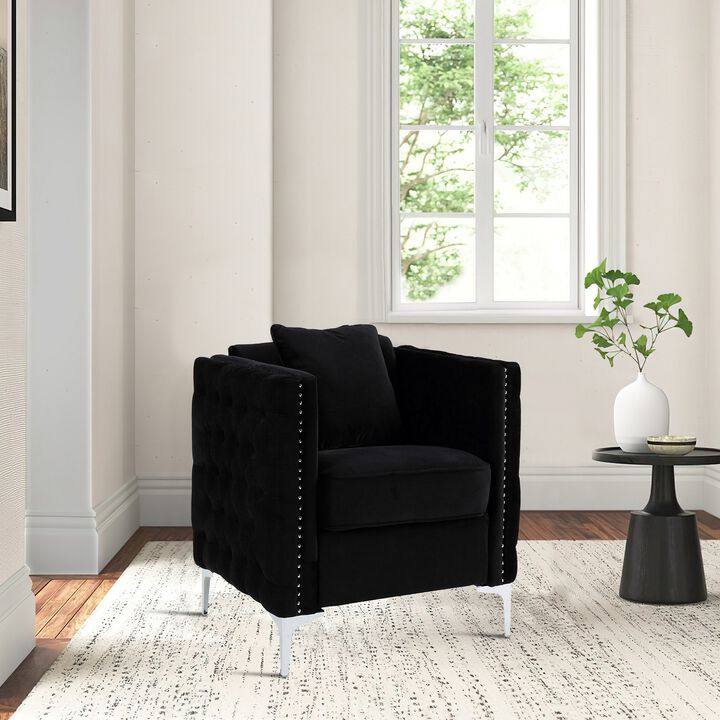 Zion 34 Inch Accent Chair with Throw Pillow, Handmade Tufted, Black Velvet-Benzara