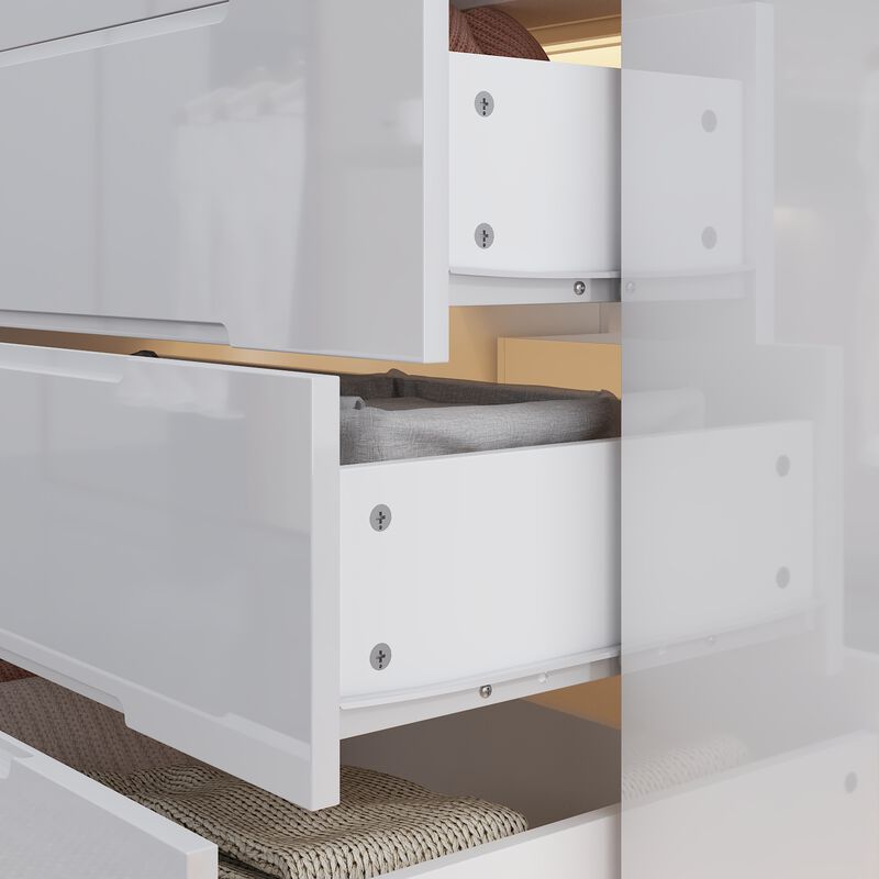 Armoire Bedroom Island with LED Light, Glass Tabletop & Storage Organizer, Wardrobe Closet with 16 Handle-Less Drawers, Walk-in Closet Island Dresser for Bedroom Shops, White