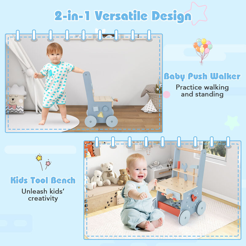 2-in-1 Toddler Wooden Baby Push Walker with Multi-Activity Center – Interactive Play and Learning Toy