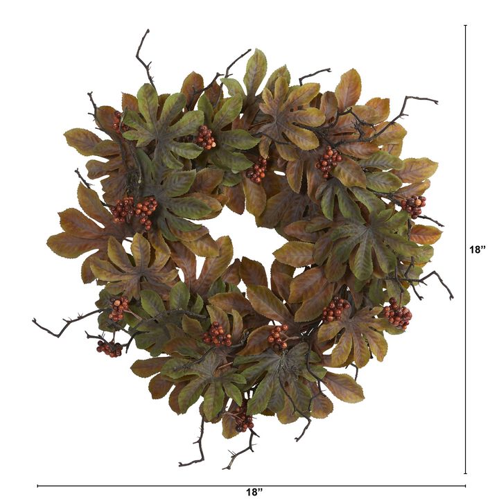 Hivvago 24" Fatsia with Berries Autumn Artificial Wreath