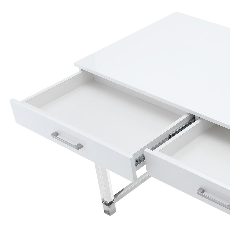 Inspired Home Kalel High Gloss 2 Drawers Writing Desk with Acrylic Legs and Stainless Steel Base