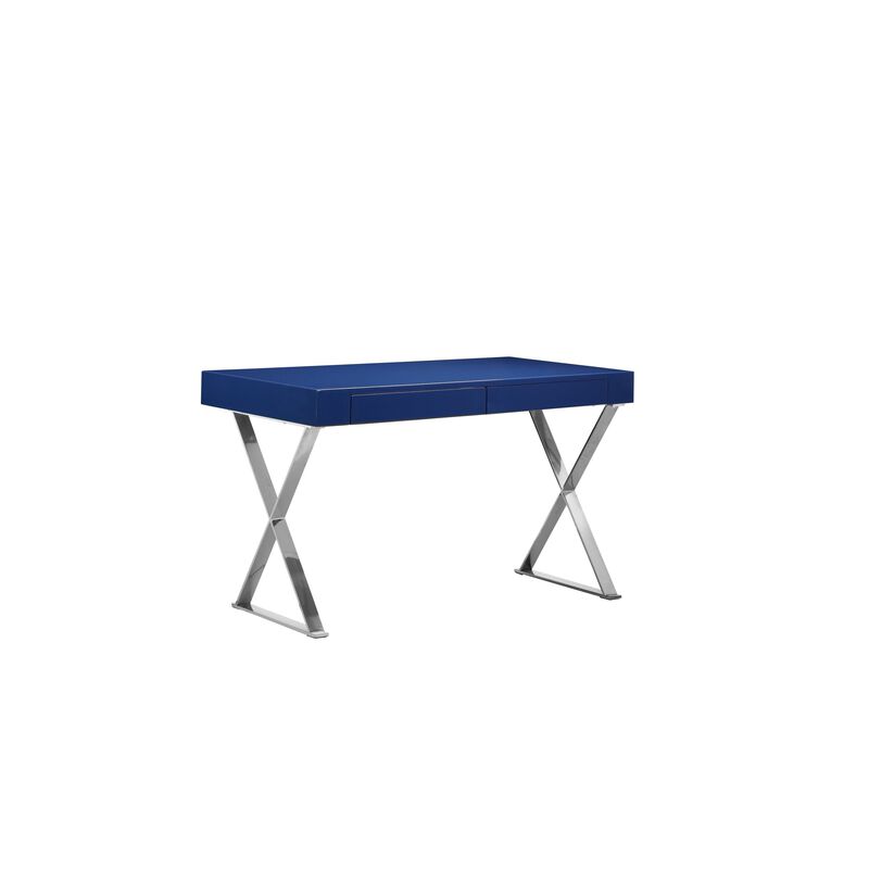 Rix 47 Inch Office Desk, Navy Wood Top, 2 Drawers, X Polished Steel Legs - Benzara