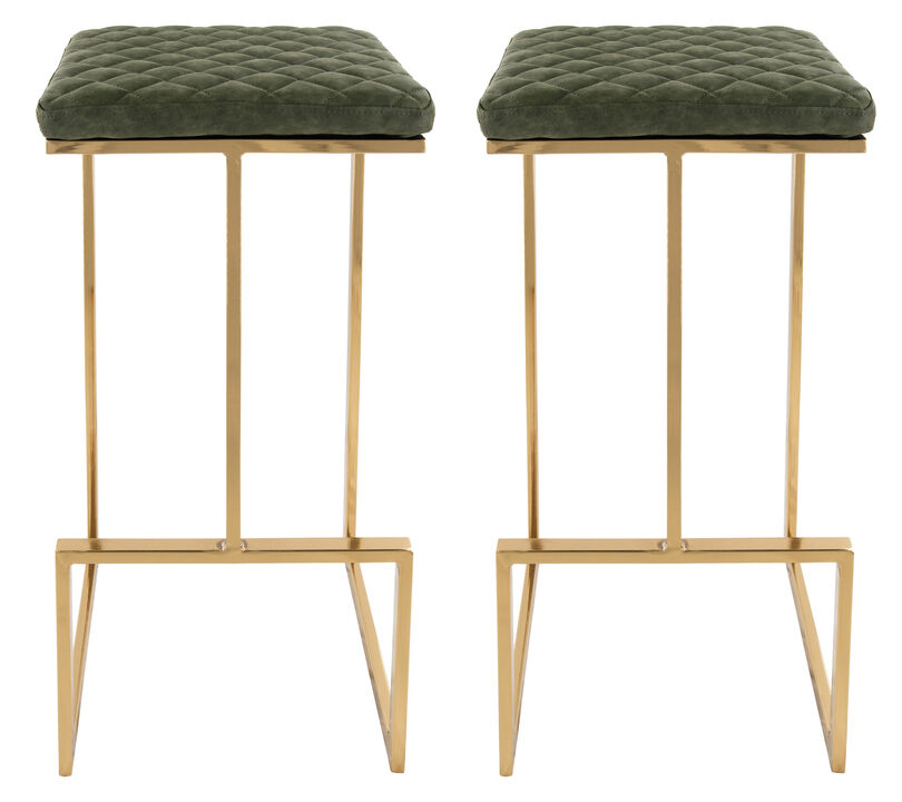LeisureMod Quincy Stitched Leather Gold Metal Bar Stools – Set of 2, Stylish and Comfortable Seating