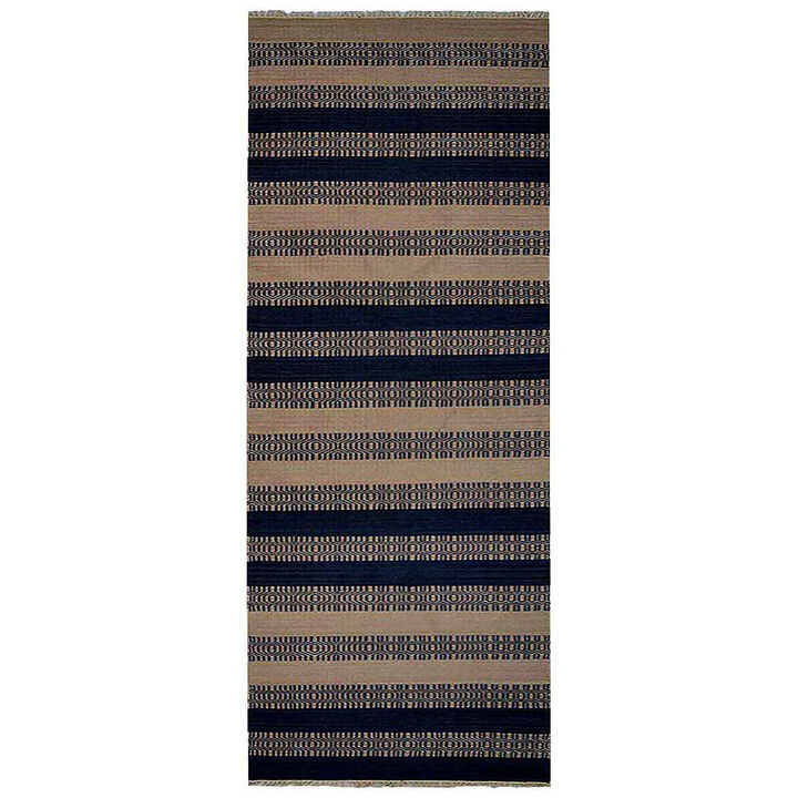 RUGSOTIC CARPETS HAND WOVEN FLAT WEAVE KILIM WOOL ECO-FRIENDLY AREA RUGS  - 3'x13', Runner Shape, Aqua Cream Color, Contemporary Modern Design, Low Pile Handmade Rugs for Living Room (D00115)